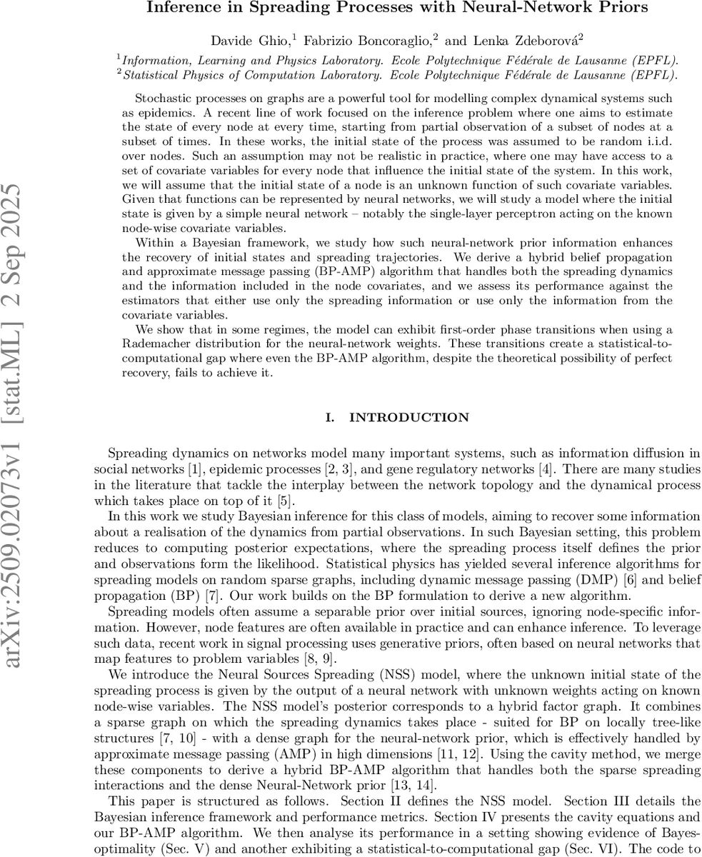Inference in Spreading Processes with Neural-Network Priors
