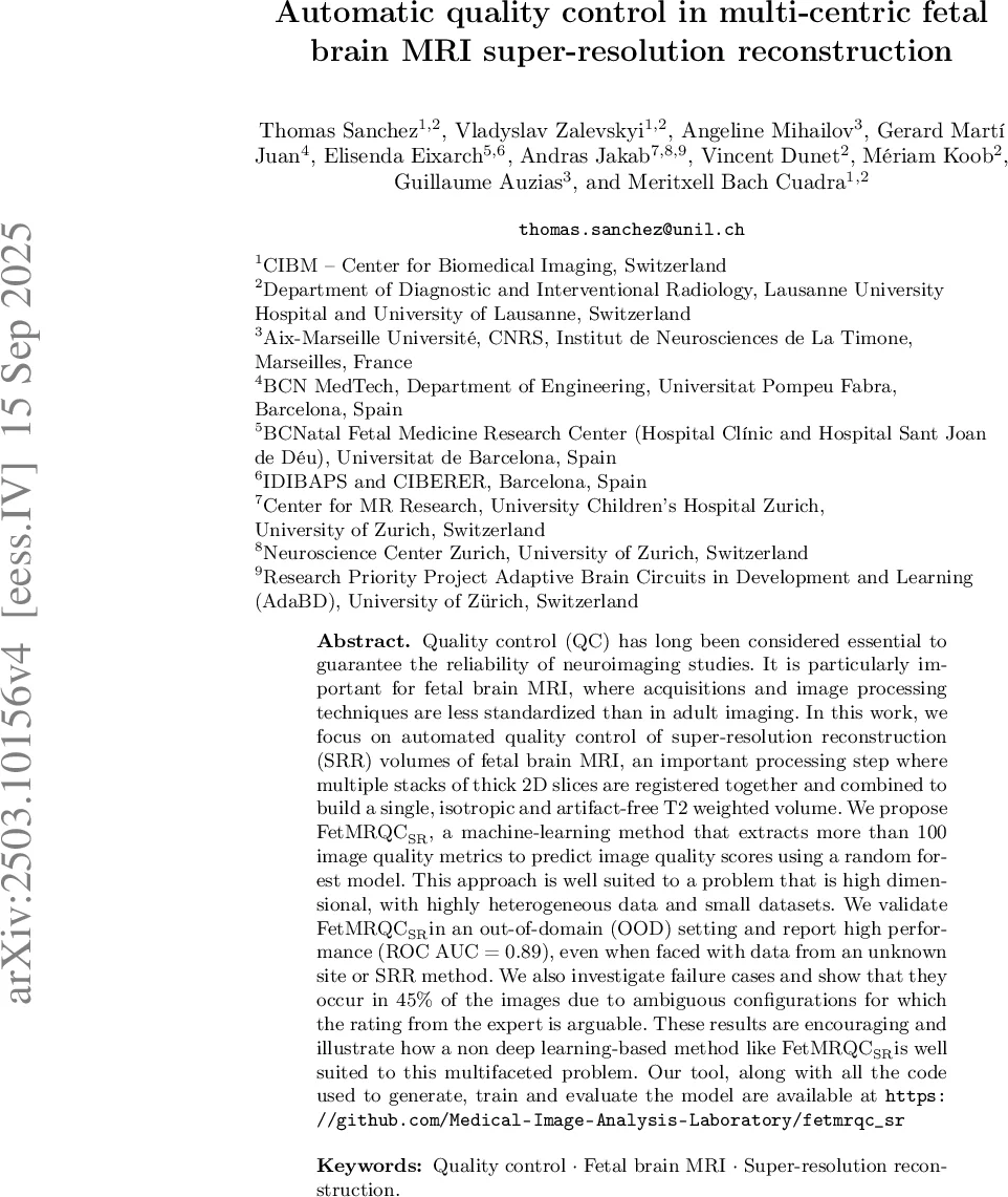 Automatic quality control in multi-centric fetal brain MRI super-resolution reconstruction