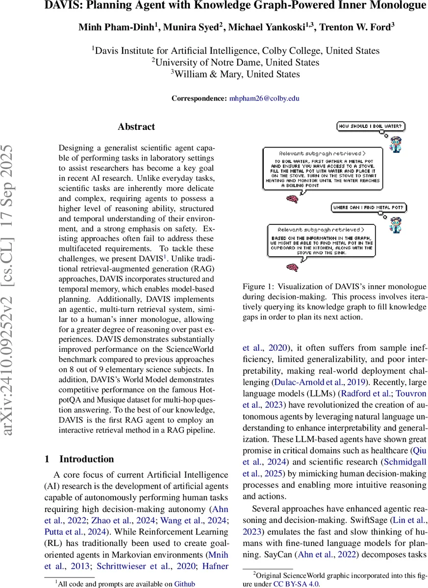 DAVIS: Planning Agent with Knowledge Graph-Powered Inner Monologue