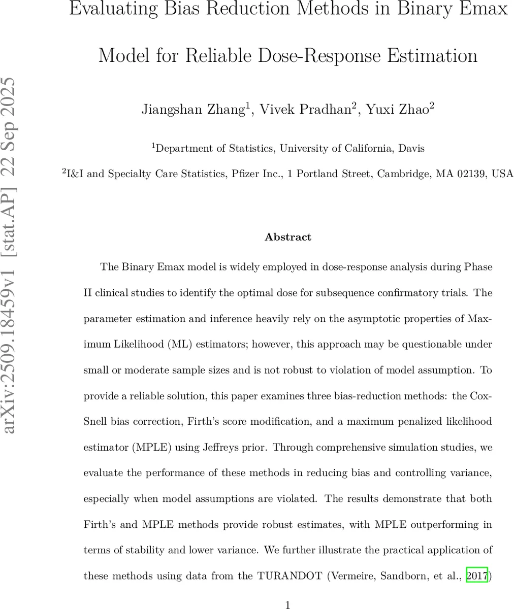 Evaluating Bias Reduction Methods in Binary Emax Model for Reliable Dose-Response Estimation
