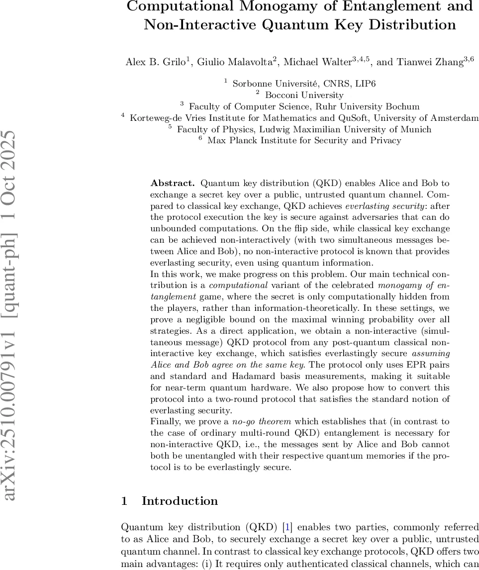 Computational Monogamy of Entanglement and Non-Interactive Quantum Key Distribution