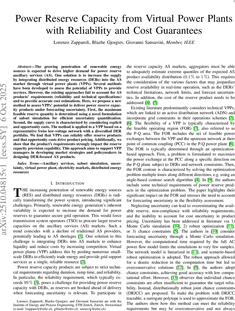 Power Reserve Capacity from Virtual Power Plants with Reliability and Cost Guarantees