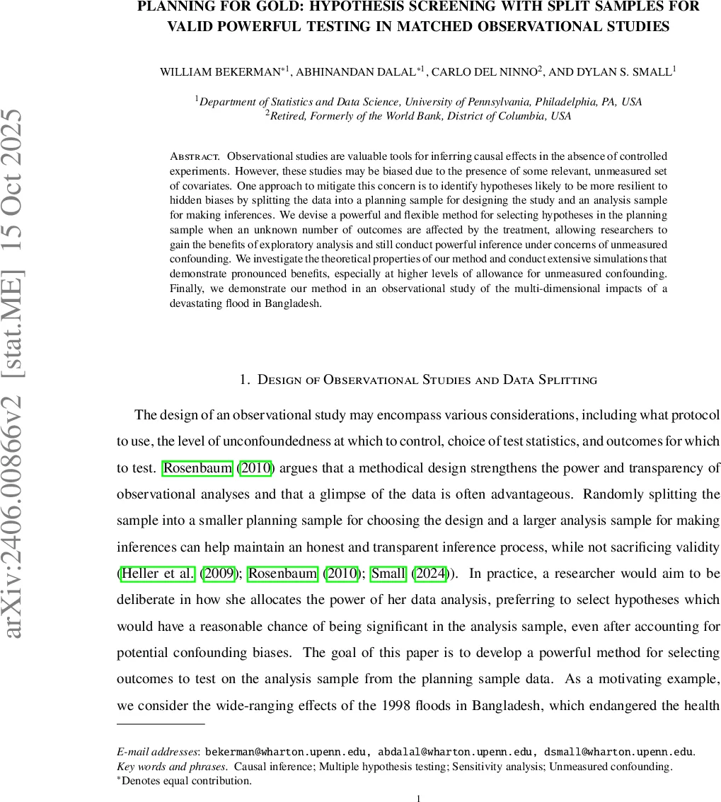 Planning for gold: Hypothesis screening with split samples for valid powerful testing in matched observational studies