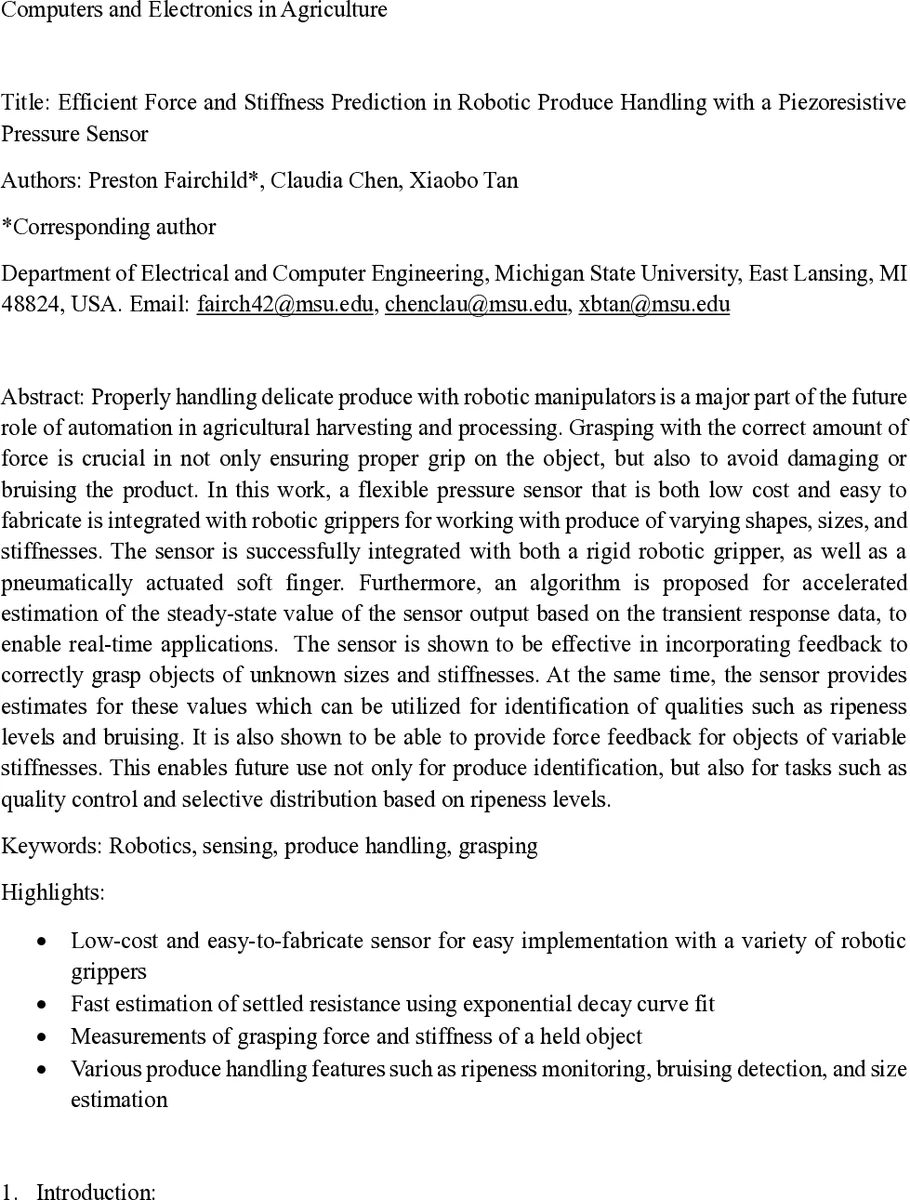 Efficient Force and Stiffness Prediction in Robotic Produce Handling with a Piezoresistive Pressure Sensor
