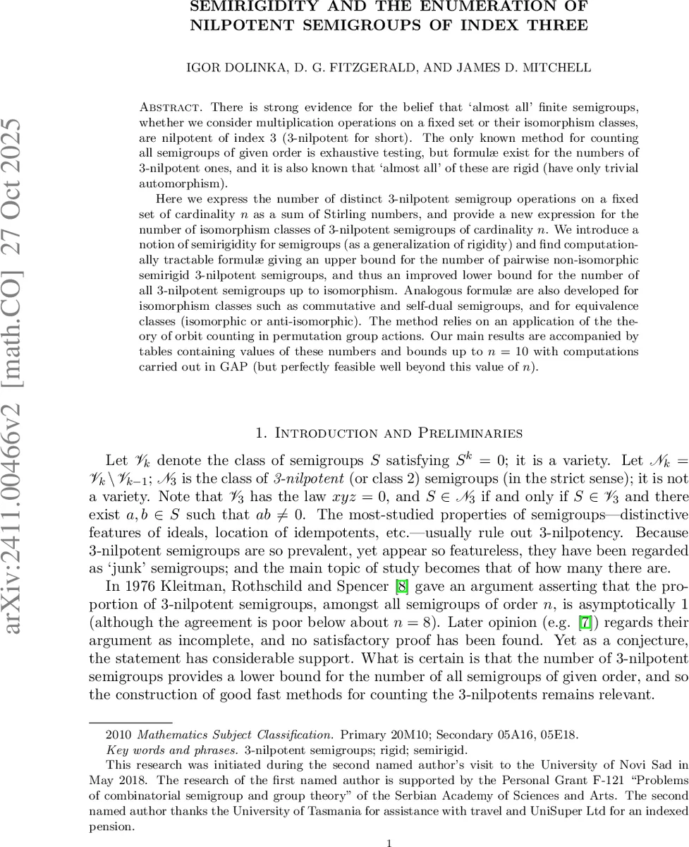 Semirigidity and the enumeration of nilpotent semigroups of index three