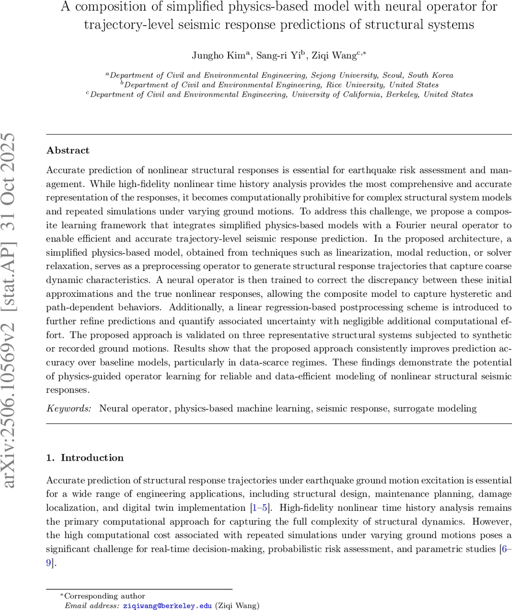 A composition of simplified physics-based model with neural operator for trajectory-level seismic response predictions of structural systems