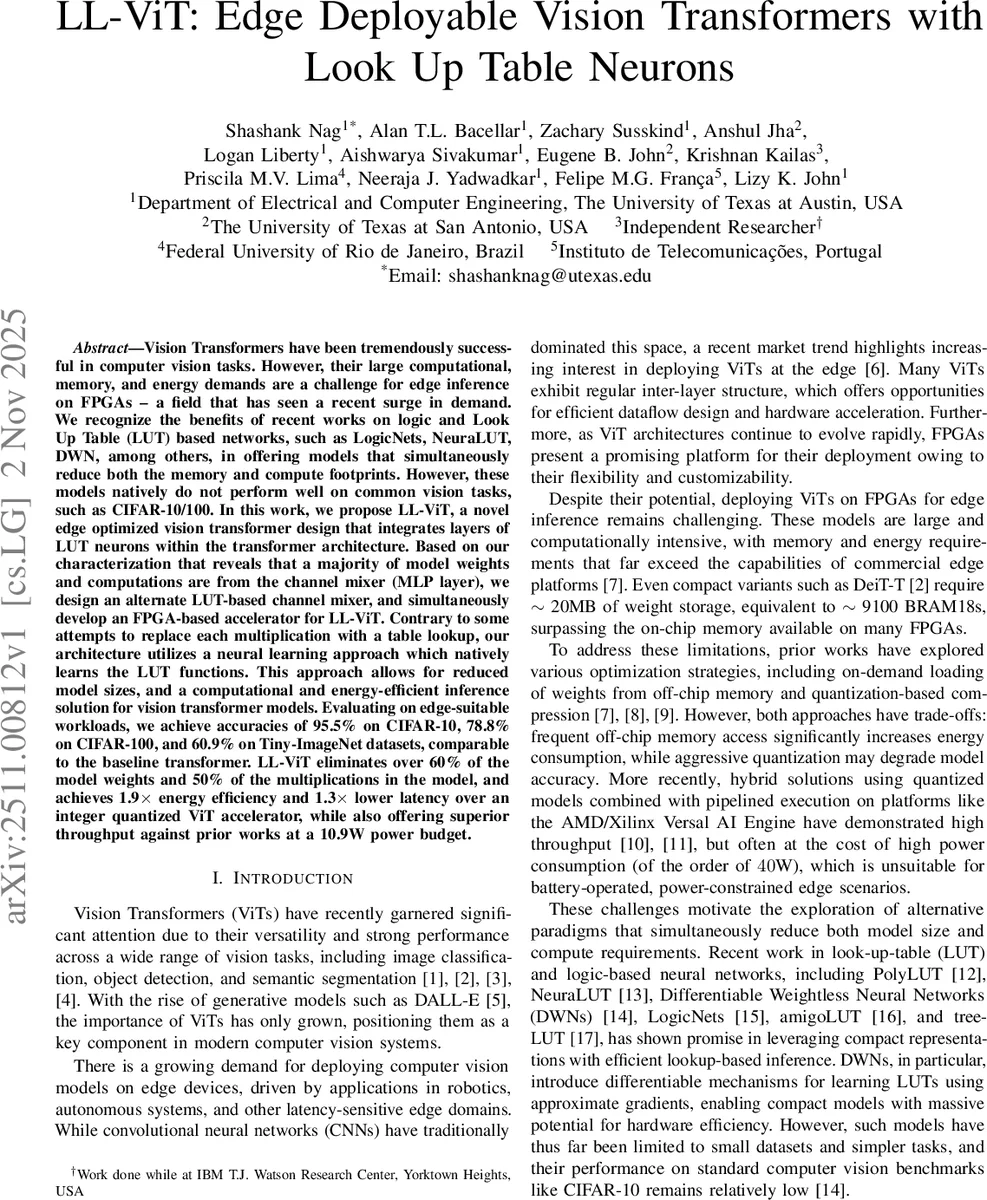 LL-ViT: Edge Deployable Vision Transformers with Look Up Table Neurons
