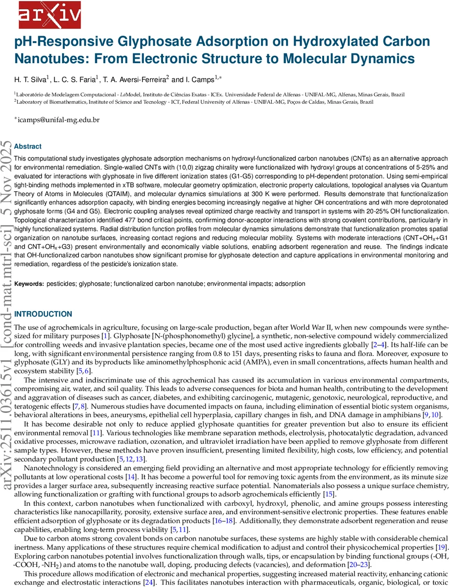 pH-Responsive Glyphosate Adsorption on Hydroxylated Carbon Nanotubes: From Electronic Structure to Molecular Dynamics