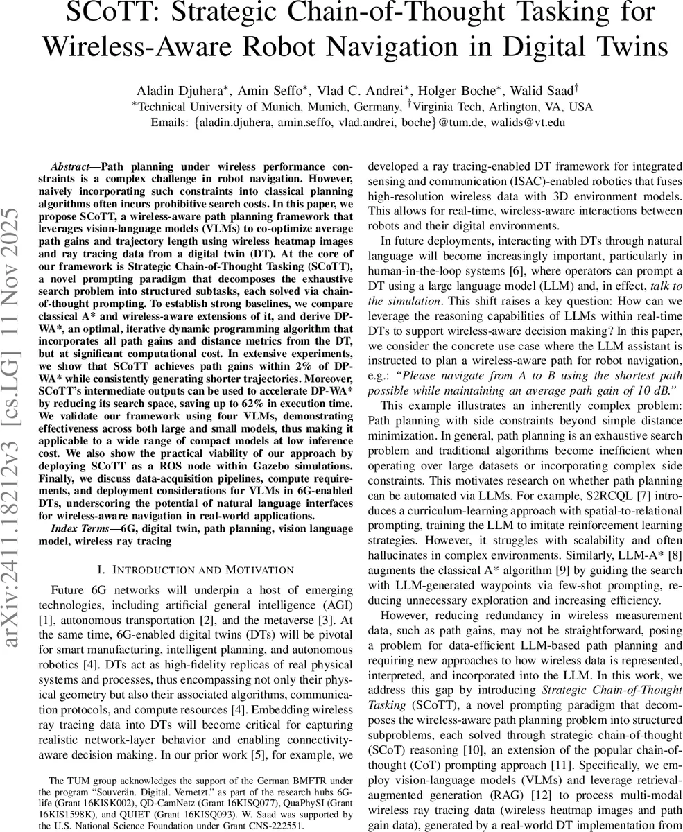 SCoTT: Strategic Chain-of-Thought Tasking for Wireless-Aware Robot Navigation in Digital Twins