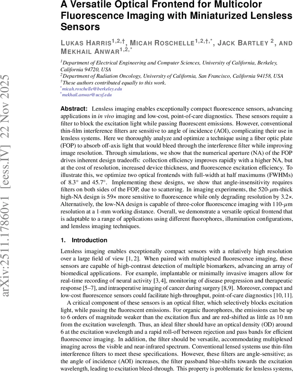A Versatile Optical Frontend for Multicolor Fluorescence Imaging with Miniaturized Lensless Sensors