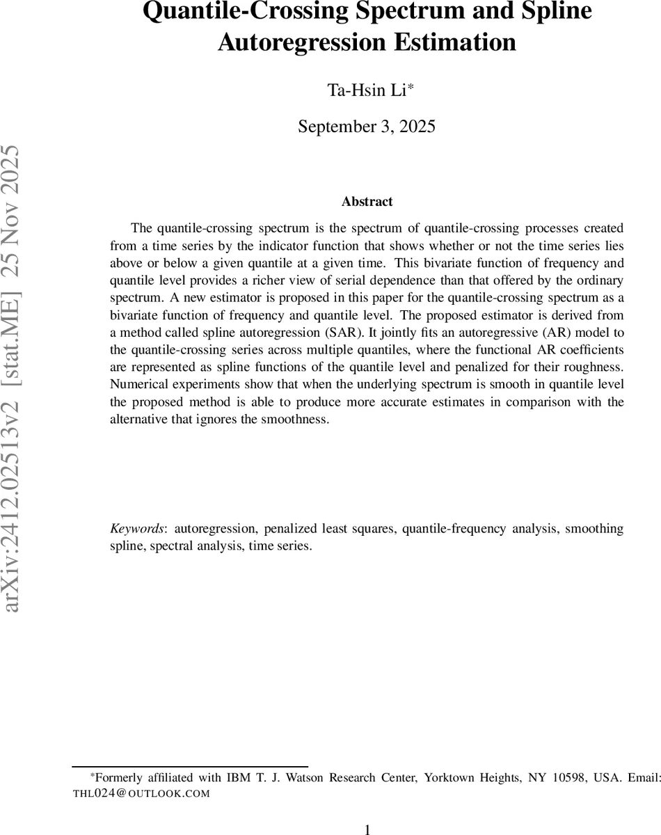 Quantile-Crossing Spectrum and Spline Autoregression Estimation