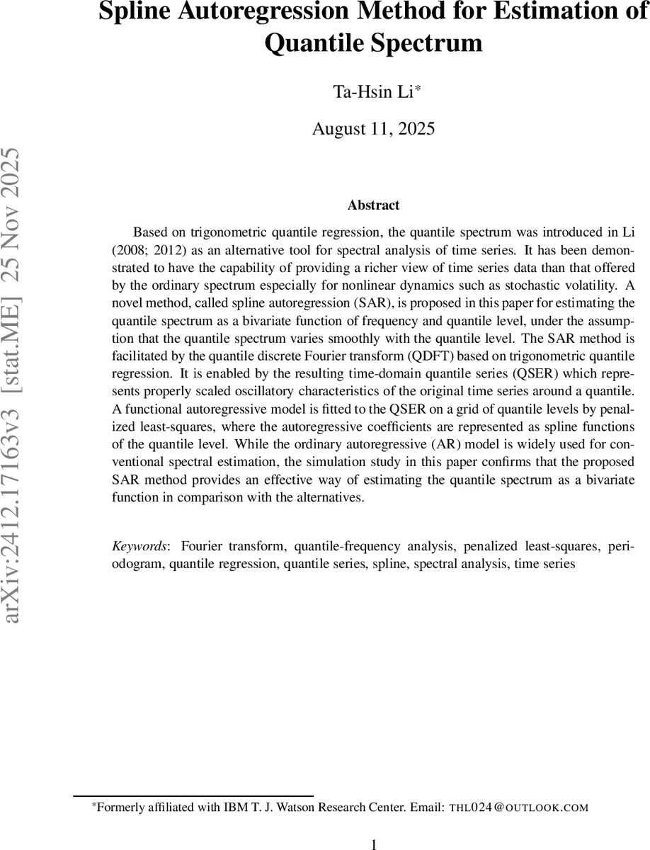 Spline Autoregression Method for Estimation of Quantile Spectrum