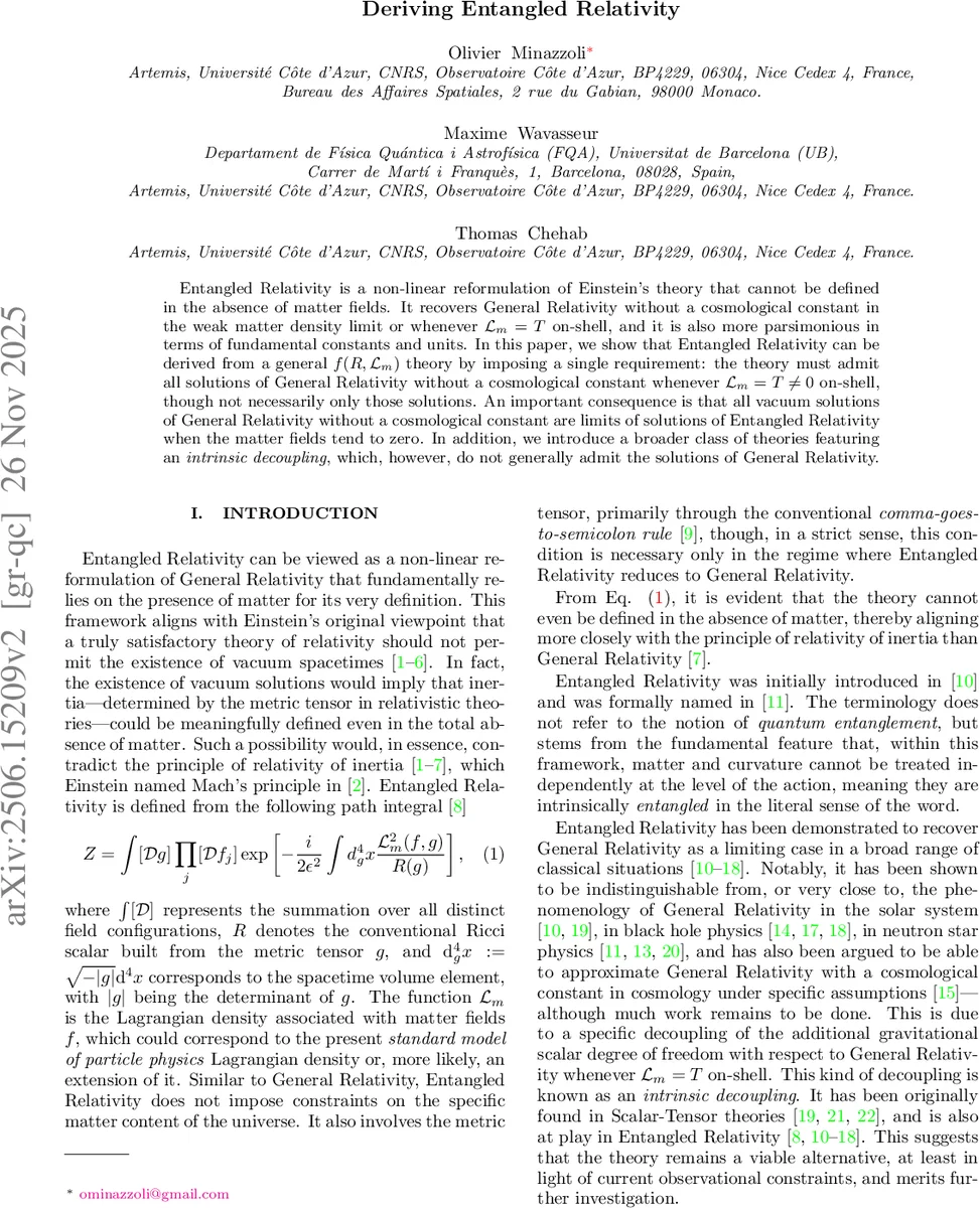 Deriving Entangled Relativity