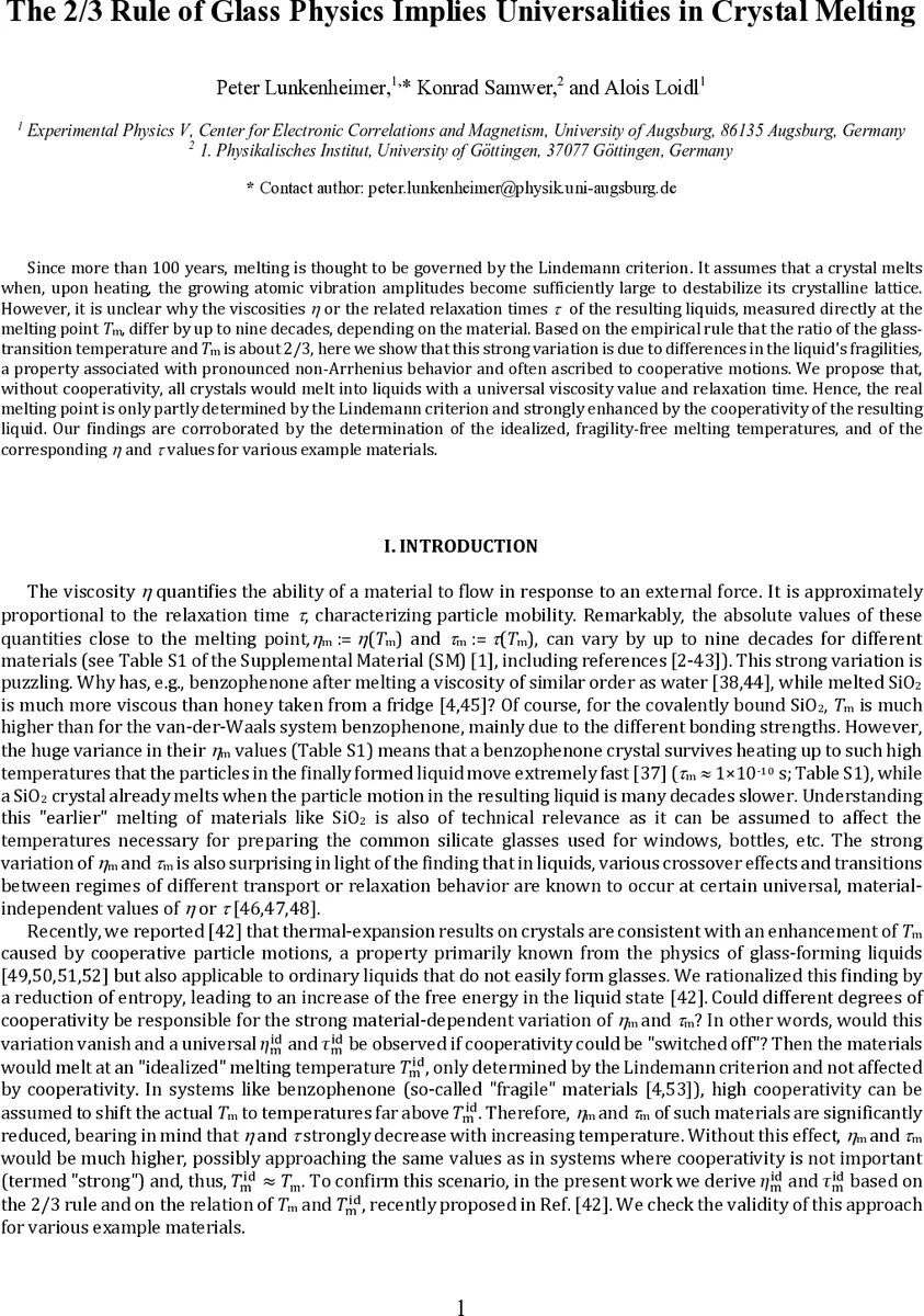 The 2/3 Rule of Glass Physics Implies Universalities in Crystal Melting