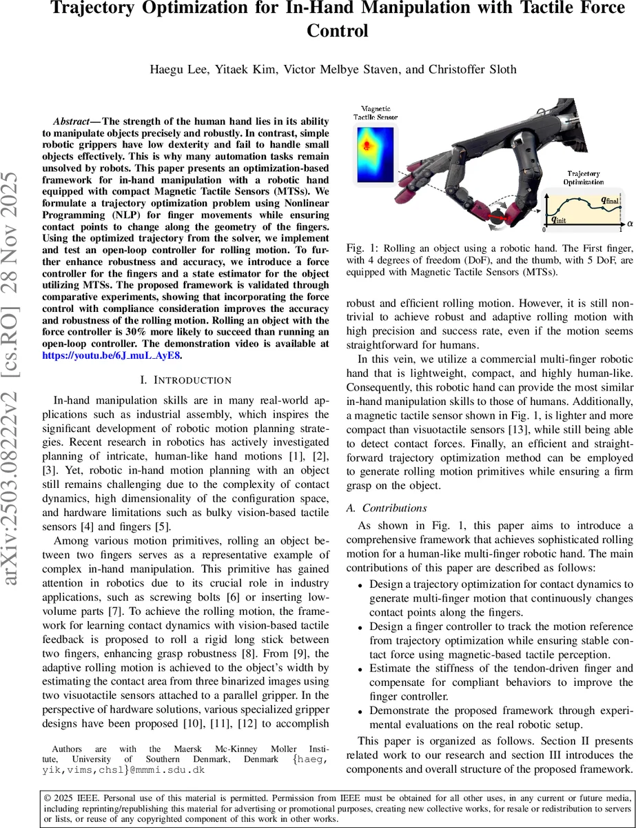 Trajectory Optimization for In-Hand Manipulation with Tactile Force Control
