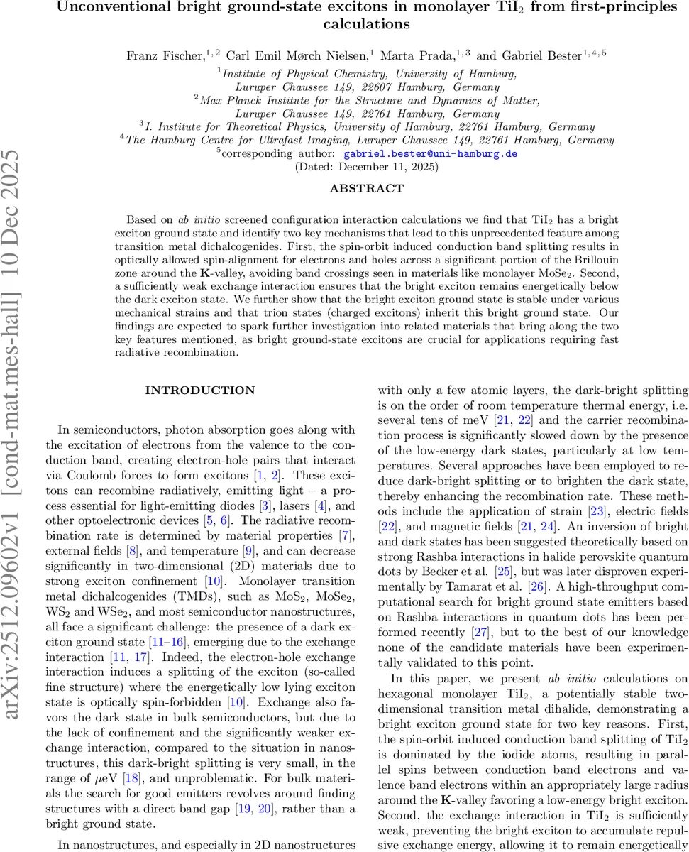 Unconventional bright ground-state excitons in monolayer TiI$_2$ from first-principles calculations