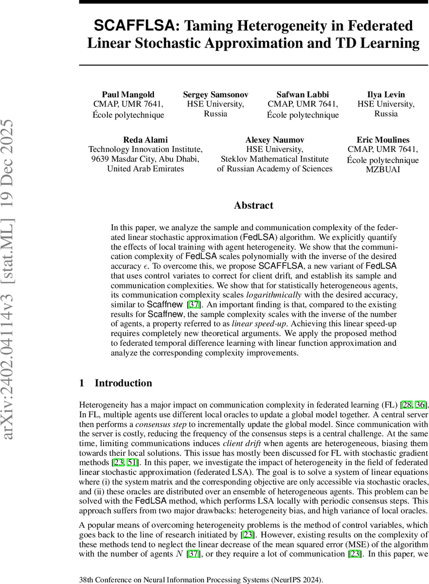 SCAFFLSA: Taming Heterogeneity in Federated Linear Stochastic Approximation and TD Learning