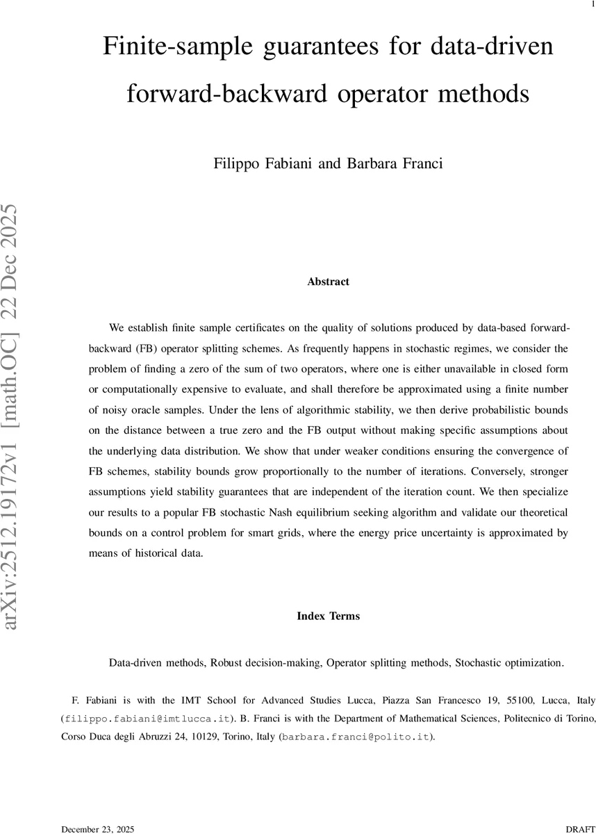 Finite-sample guarantees for data-driven forward-backward operator methods