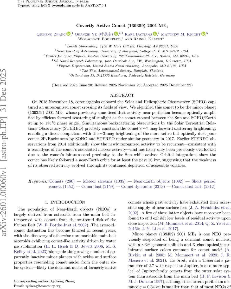 Covertly Active Comet (139359) 2001 ME1