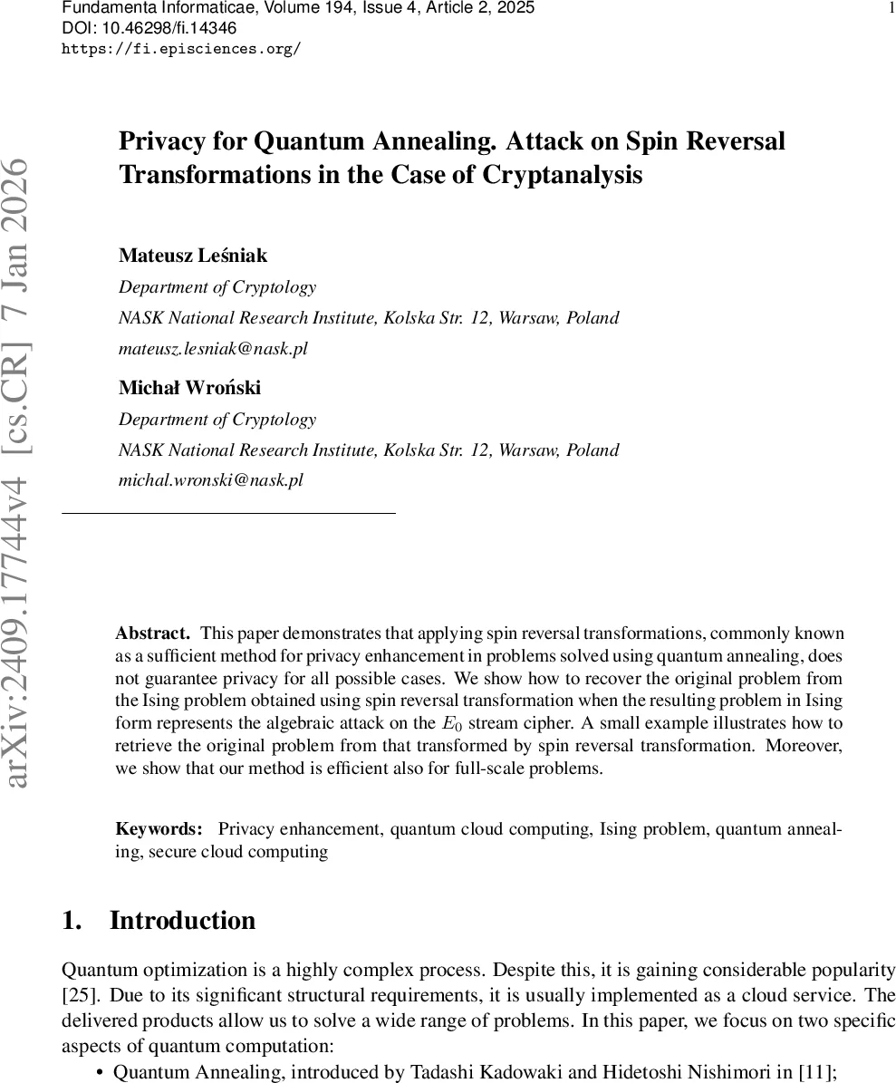Privacy for Quantum Annealing. Attack on Spin Reversal Transformations in the case of cryptanalysis