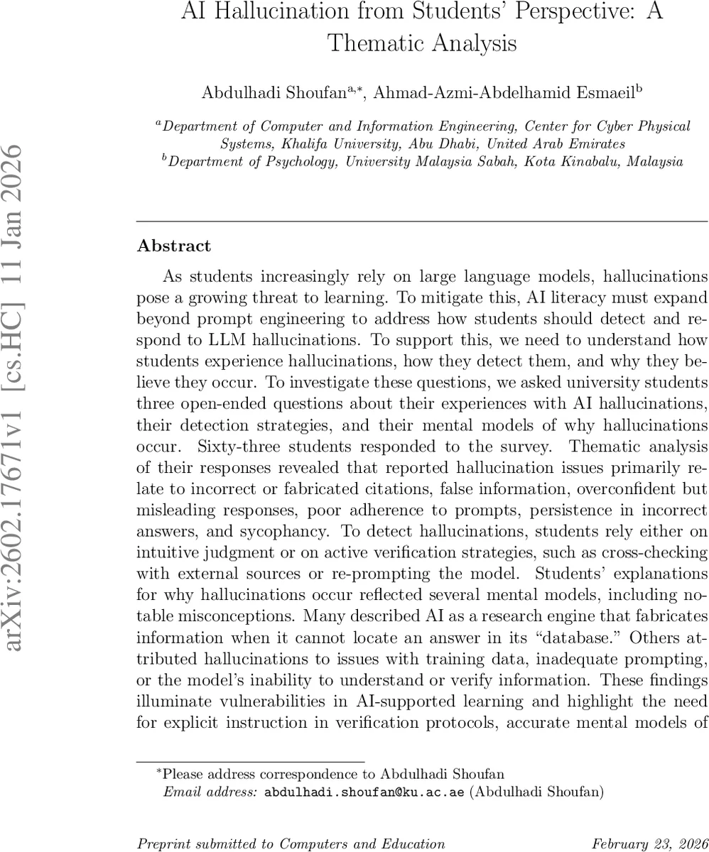 AI Hallucination from Students' Perspective: A Thematic Analysis