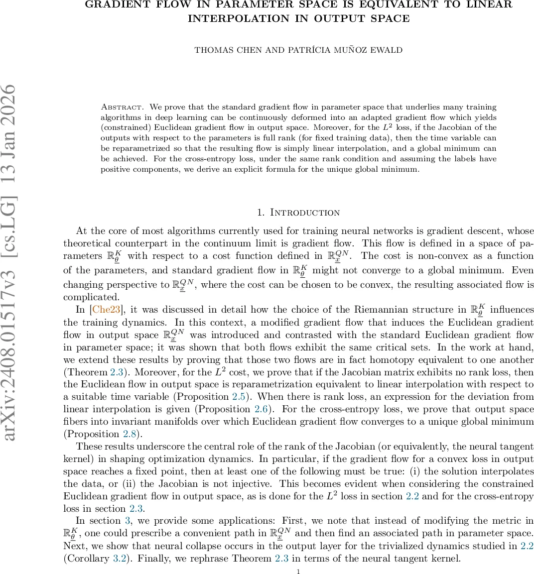 Gradient flow in parameter space is equivalent to linear interpolation in output space
