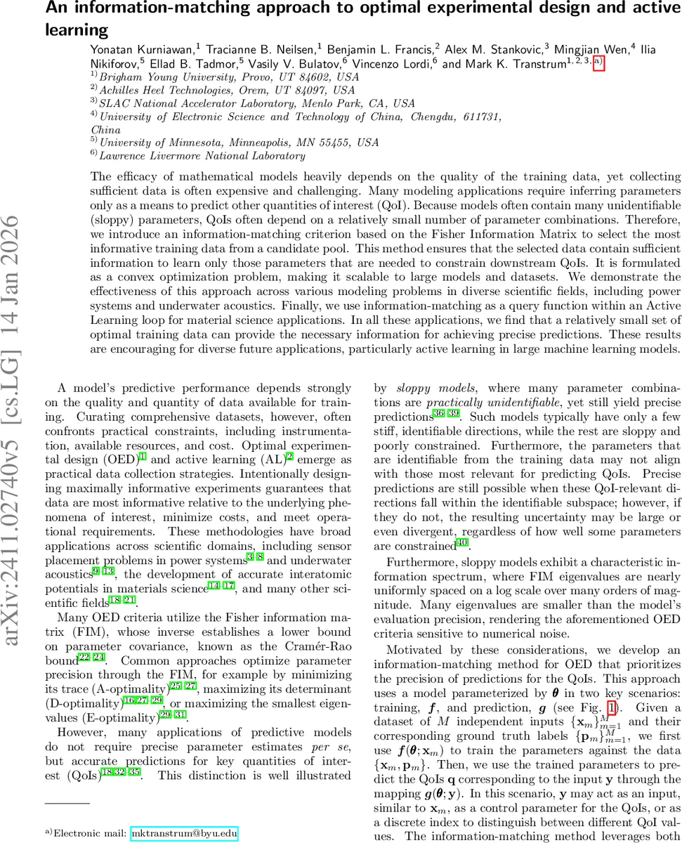 An information-matching approach to optimal experimental design and active learning