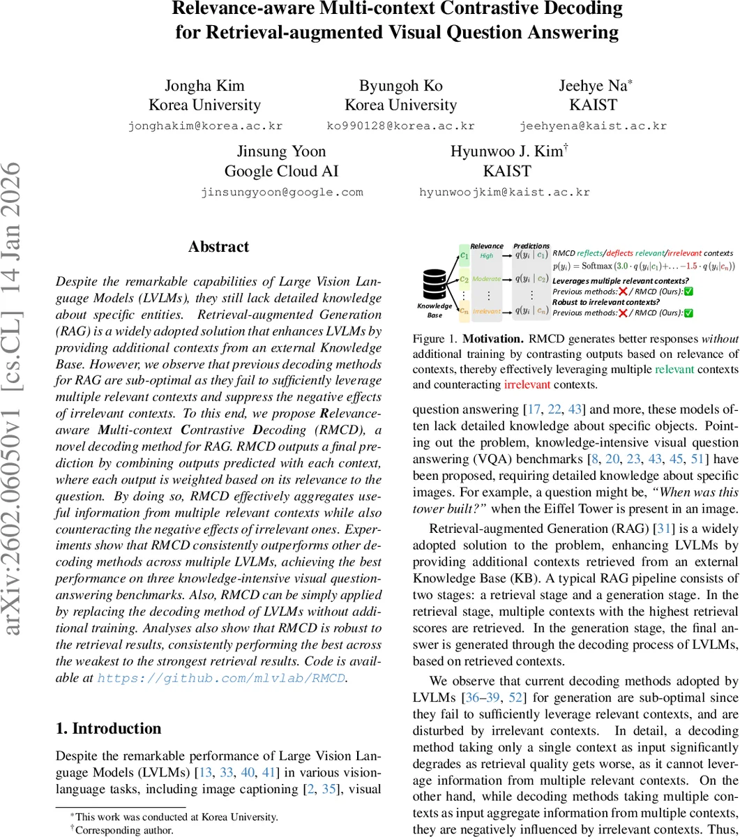 Relevance-aware Multi-context Contrastive Decoding for Retrieval-augmented Visual Question Answering
