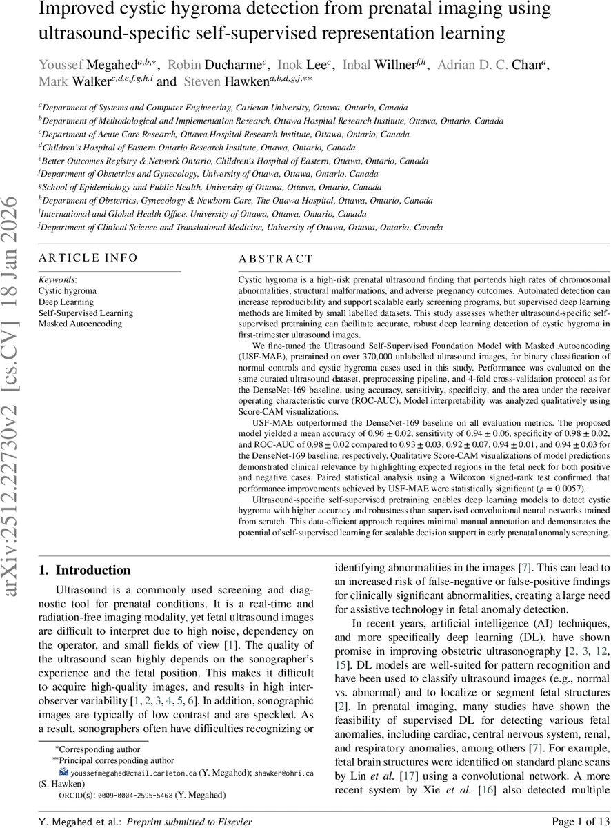 Improved cystic hygroma detection from prenatal imaging using ultrasound-specific self-supervised representation learning