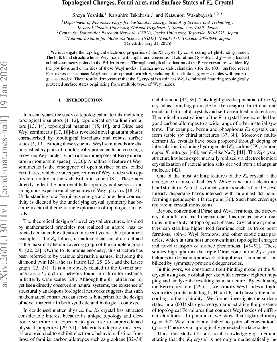 Topological Charges, Fermi Arcs, and Surface States of $K_4$ Crystal
