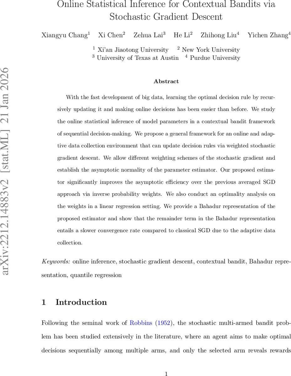 Online Statistical Inference for Contextual Bandits via Stochastic Gradient Descent