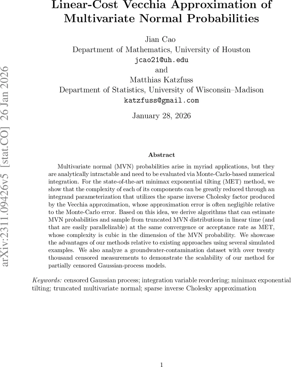 Linear-Cost Vecchia Approximation of Multivariate Normal Probabilities