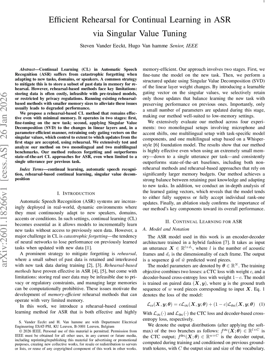 Efficient Rehearsal for Continual Learning in ASR via Singular Value Tuning