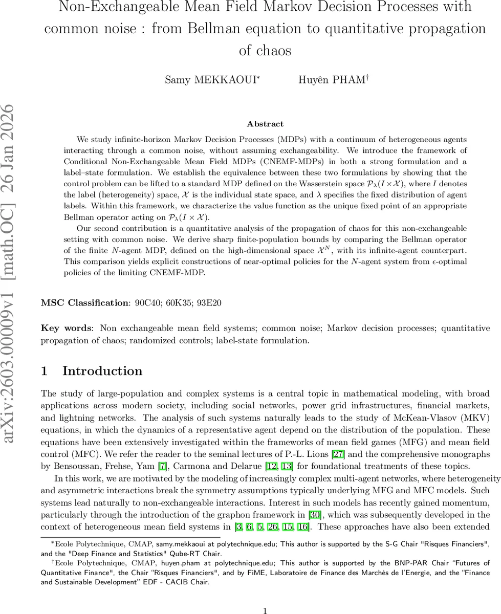 Non-Exchangeable Mean Field Markov Decision Processes with common noise : from Bellman equation to quantitative propagation of chaos