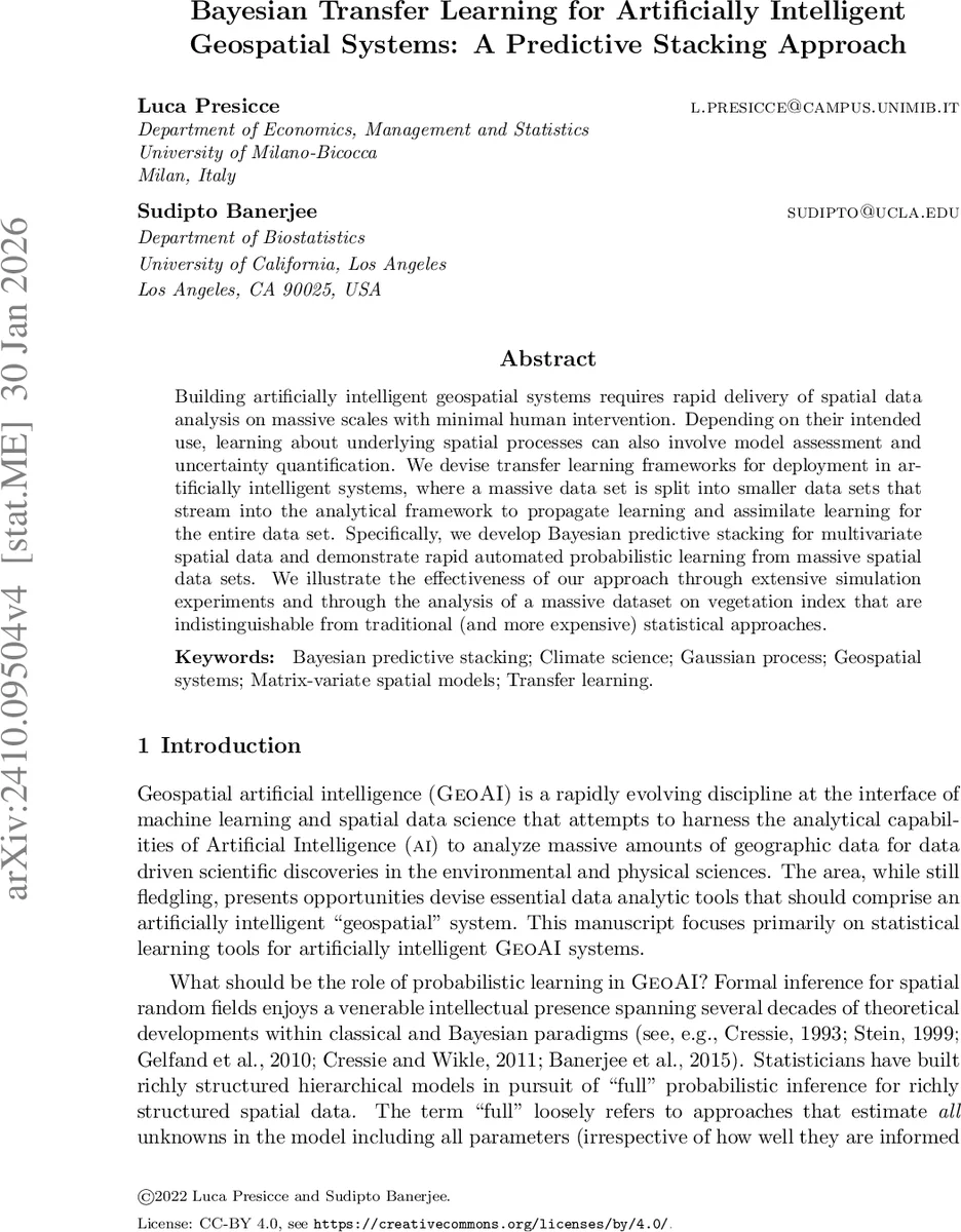 Bayesian Transfer Learning for Artificially Intelligent Geospatial Systems: A Predictive Stacking Approach