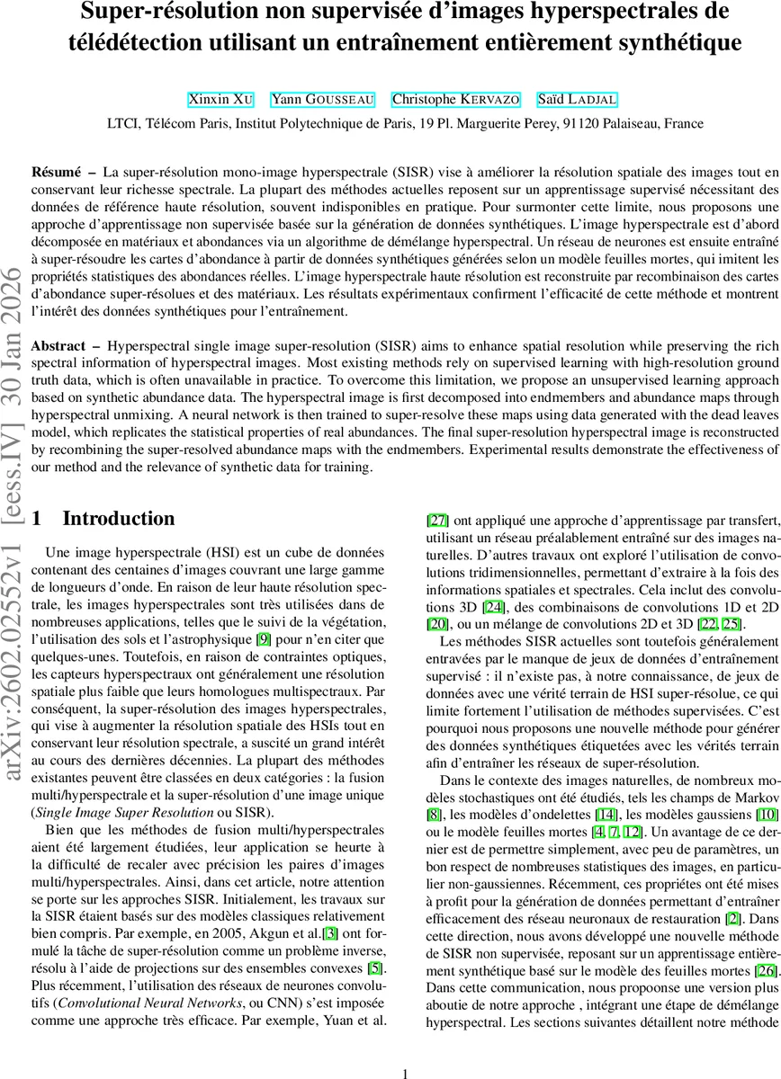 Super-résolution non supervisée d'images hyperspectrales de télédétection utilisant un entraînement entièrement synthétique