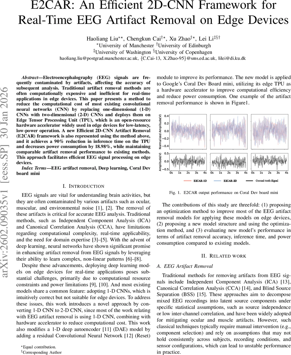 E2CAR: An Efficient 2D-CNN Framework for Real-Time EEG Artifact Removal on Edge Devices