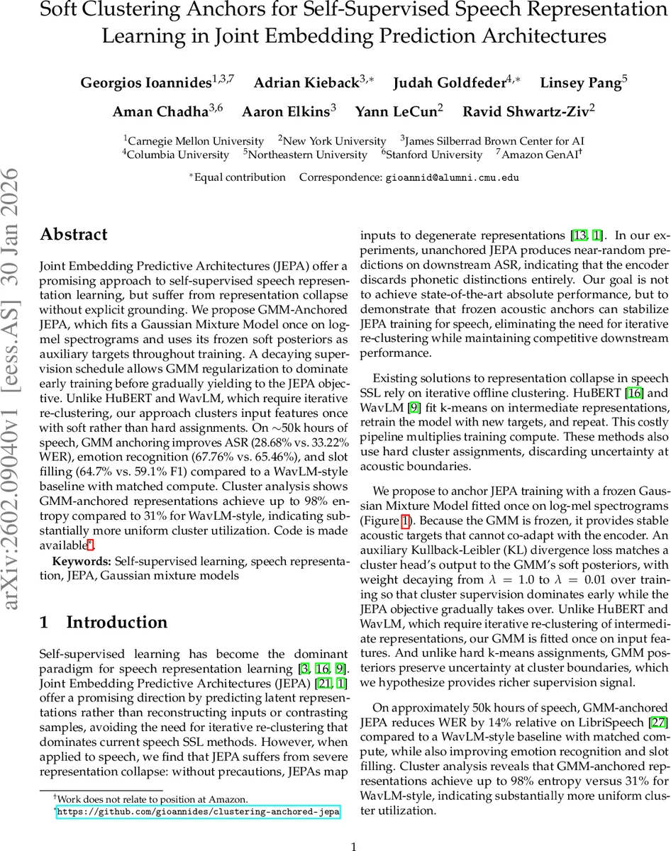 Soft Clustering Anchors for Self-Supervised Speech Representation Learning in Joint Embedding Prediction Architectures