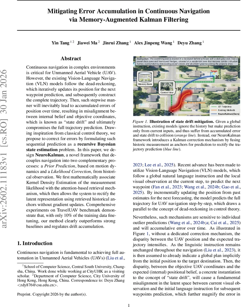 Mitigating Error Accumulation in Continuous Navigation via Memory-Augmented Kalman Filtering