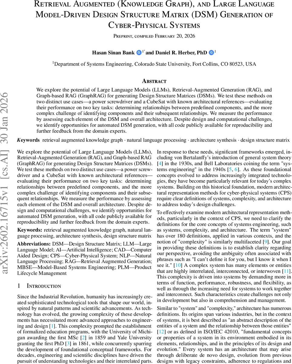 Retrieval Augmented (Knowledge Graph), and Large Language Model-Driven Design Structure Matrix (DSM) Generation of Cyber-Physical Systems