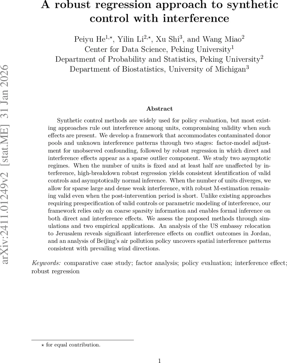 A robust regression approach to synthetic control with interference