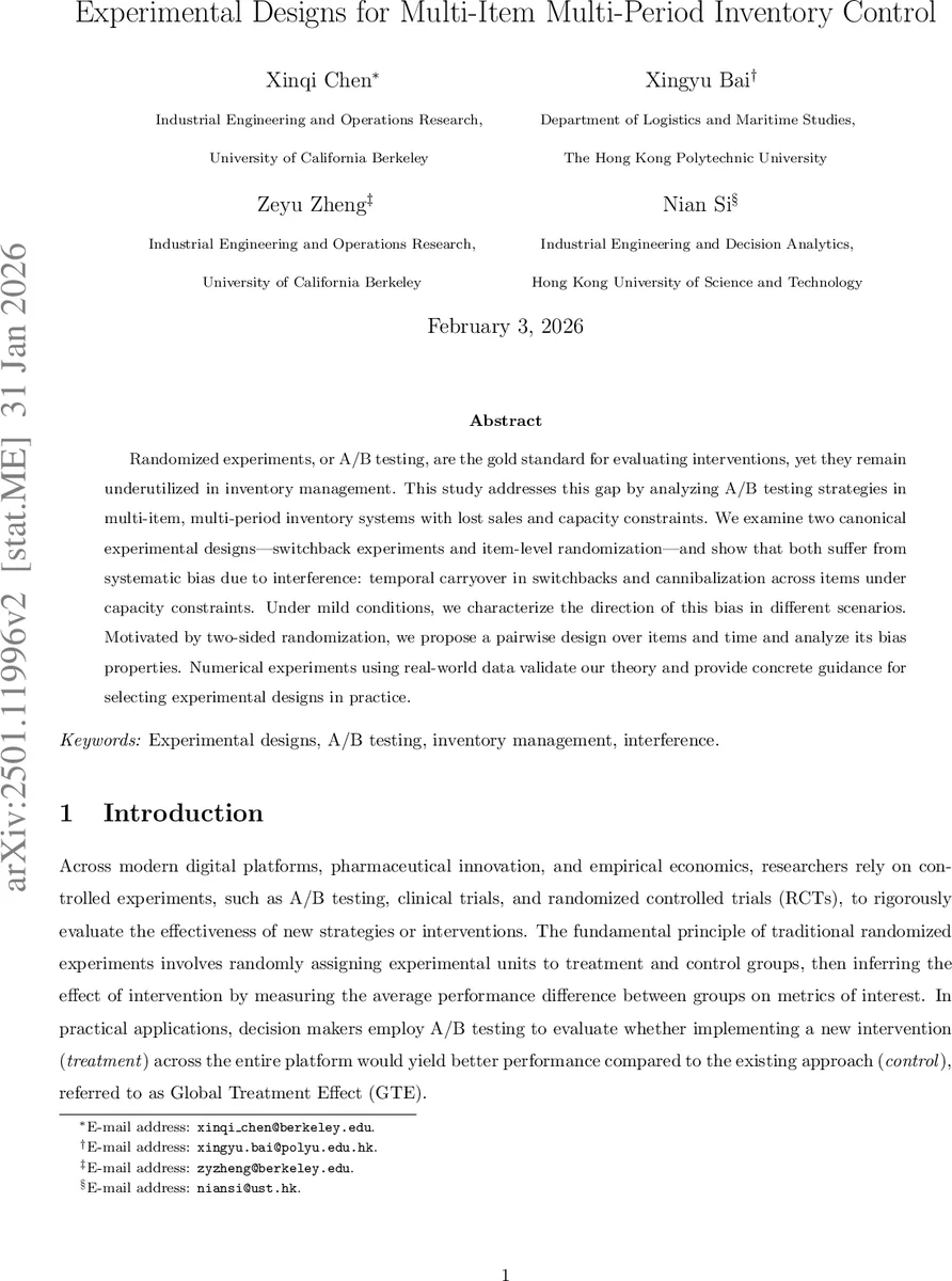 Experimental Designs for Multi-Item Multi-Period Inventory Control