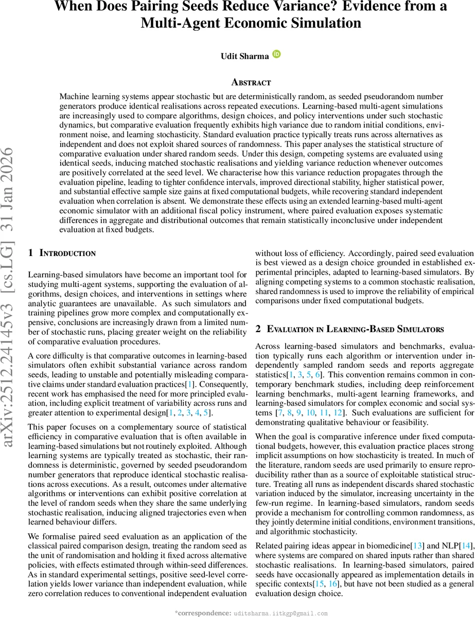 When Does Pairing Seeds Reduce Variance? Evidence from a Multi-Agent Economic Simulation