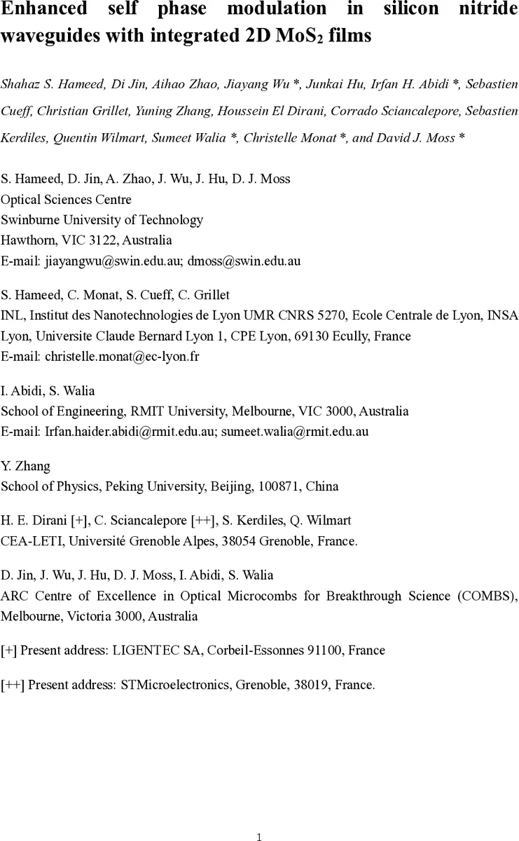 Enhanced selfphase modulation in silicon nitride waveguides with integrated 2D MoS2 films