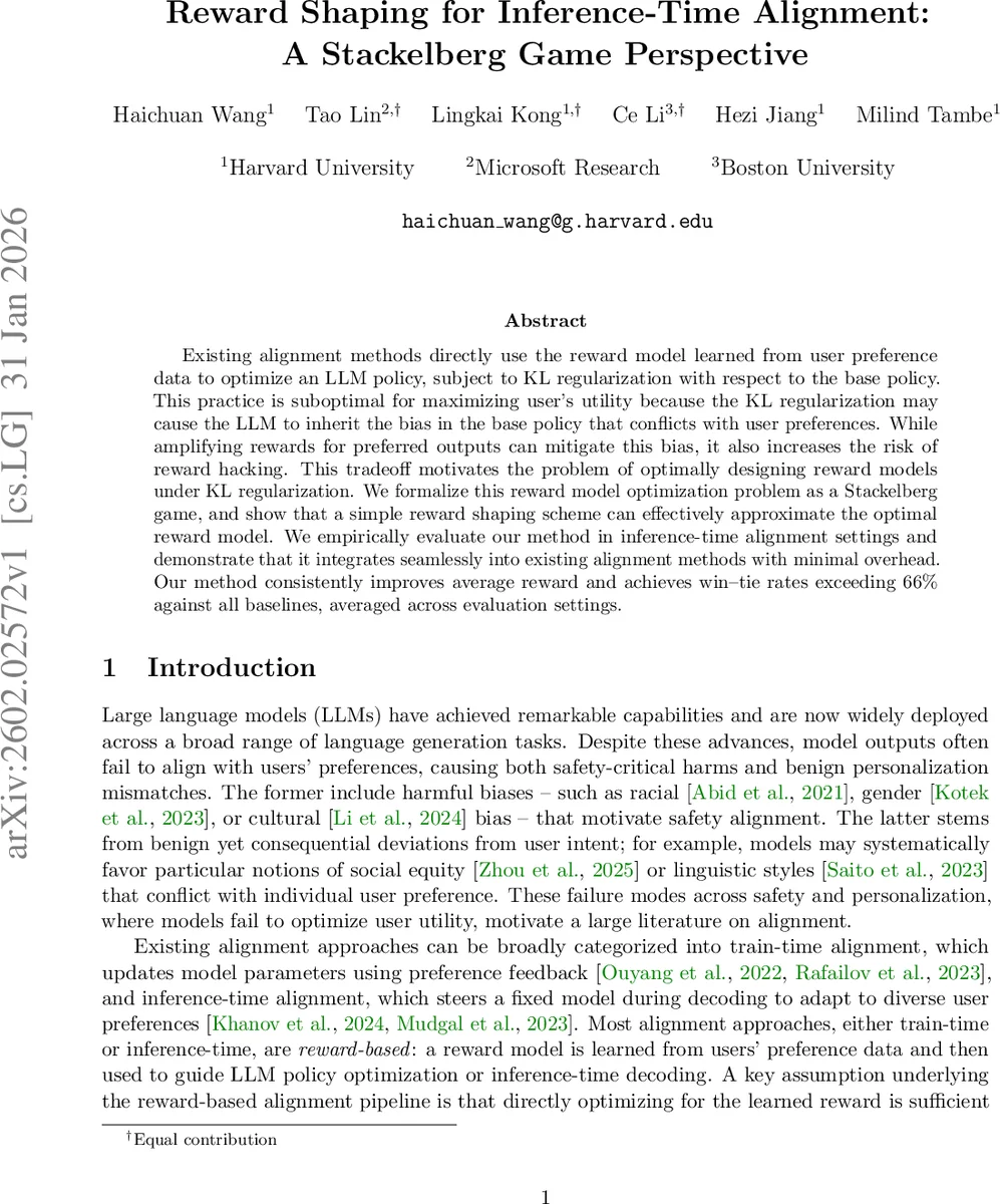 Reward Shaping for Inference-Time Alignment: A Stackelberg Game Perspective