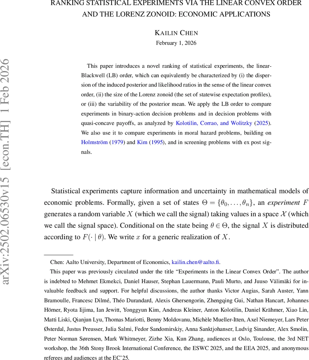 Ranking Statistical Experiments via the Linear Convex Order and the Lorenz Zonoid: Economic Applications