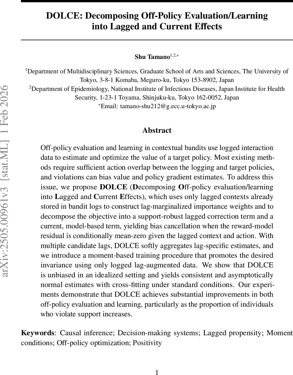 DOLCE: Decomposing Off-Policy Evaluation/Learning into Lagged and Current Effects