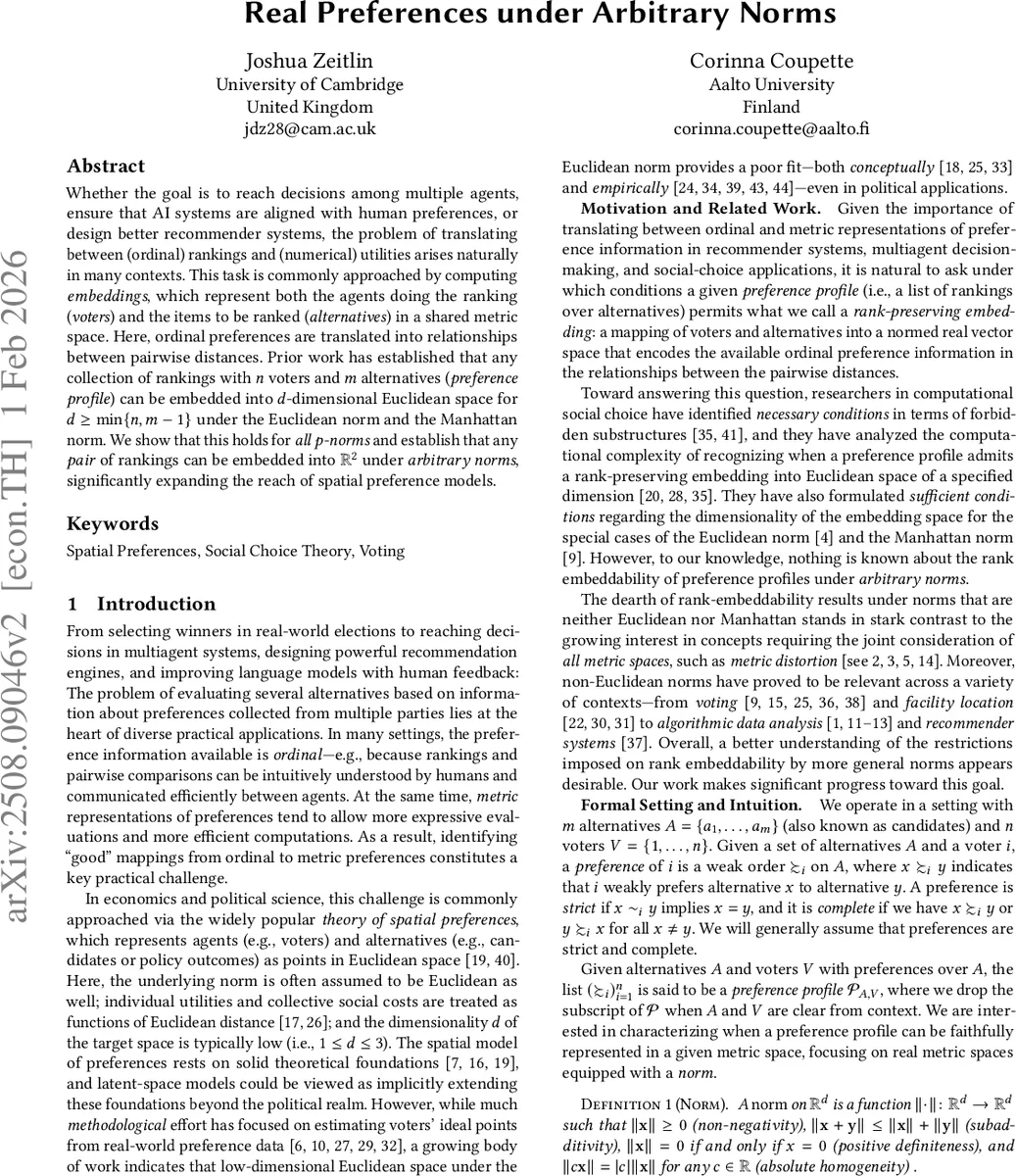 Real Preferences Under Arbitrary Norms