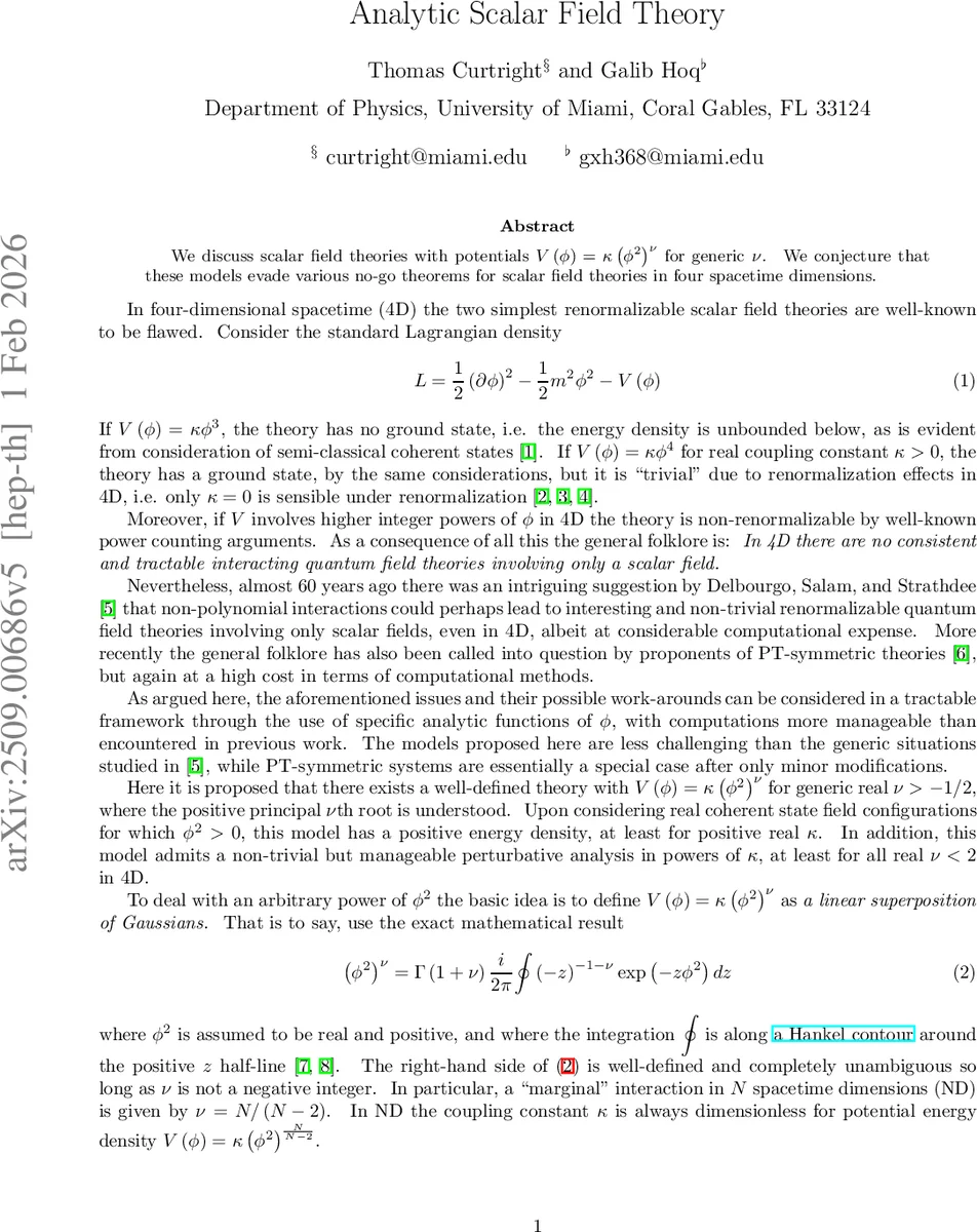 Analytic Scalar Field Theory