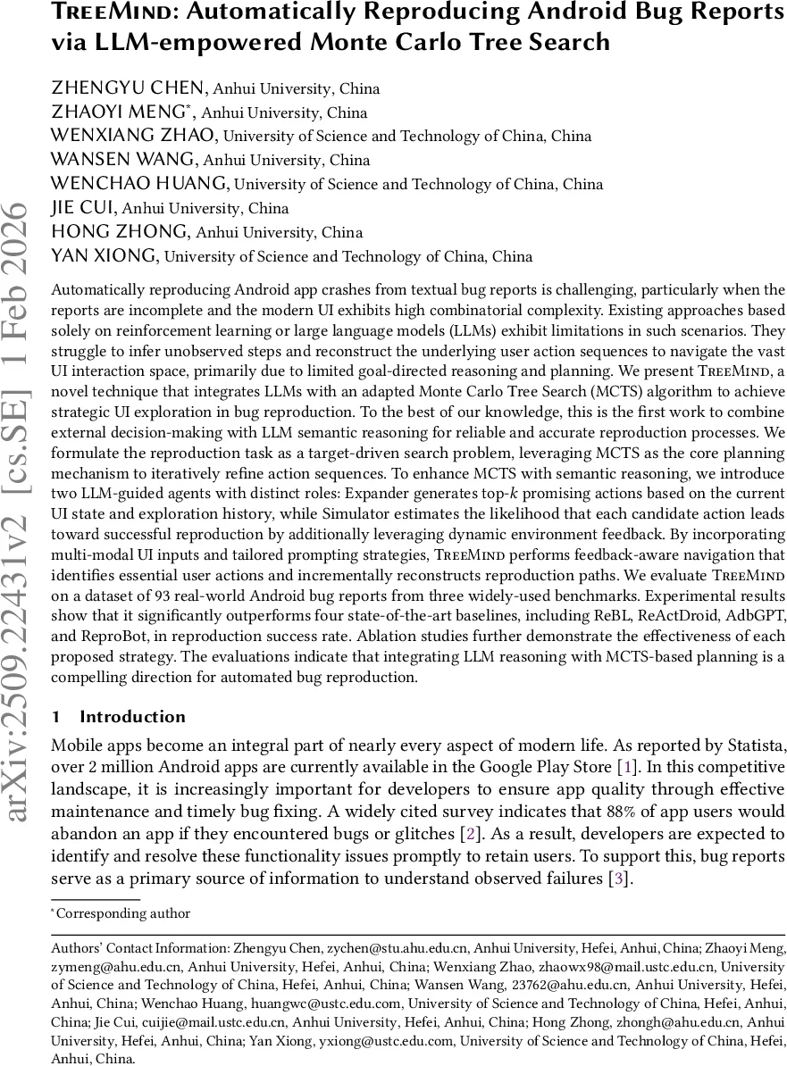 TreeMind: Automatically Reproducing Android Bug Reports via LLM-empowered Monte Carlo Tree Search